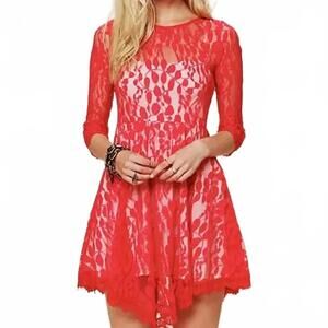 Free People Floral Mesh Red Lace Mini Dress Sheer Scalloped Hem, Sz 12 # 1522